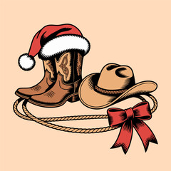 Fototapeta premium Christmas Cowboy Boots and Hat with Festive Holiday Ribbon Illustration