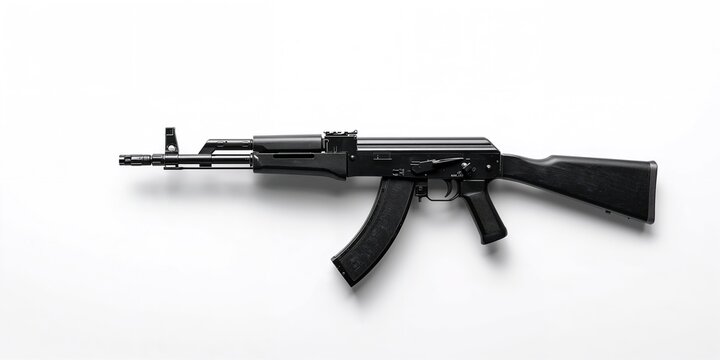 Kalashnikov AK 47 rifle on white background, emphasizing firearm safety and handling practices