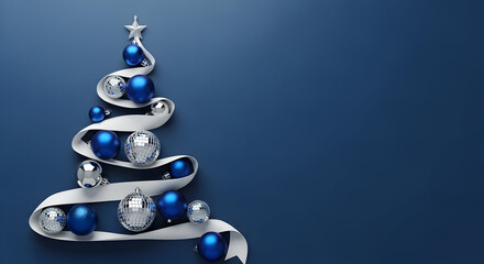 Elegant blue and silver Christmas tree decoration featuring a swirling ribbon adorned with shimmering baubles, set against a deep blue background, ideal for festive season greetings