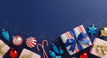 Vibrant assortment of holiday gifts, sparkling ornaments, and candy canes artfully placed on a rich blue backdrop, capturing the spirit of celebration and seasonal joy