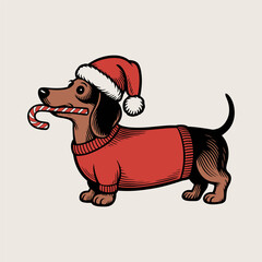 Dachshund with Santa Hat and Candy Cane Holiday Illustration