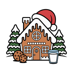 Gingerbread House with Santa Hat and Holiday Treats Illustration