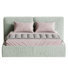 Bed with a green frame and pink pillows