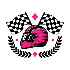 Pink Racing Helmet with Checkered Flags and Laurel Victory Illustration