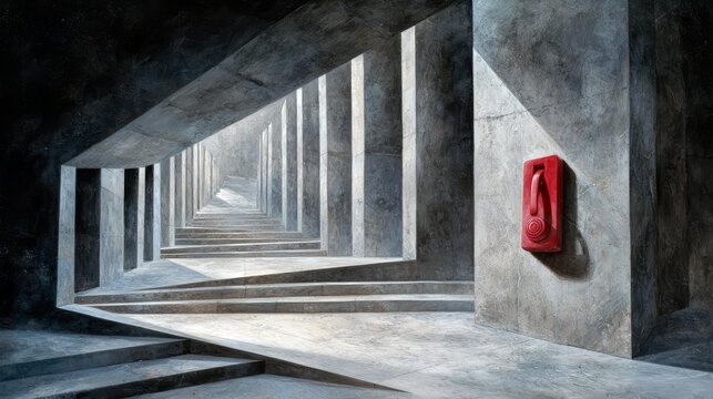 An artistic image of a concrete staircase receding into the distance, with a red object attached to a wall and dramatic lighting creating strong shadows.