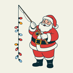 Santa Fishing with Christmas Lights Cartoon Illustration