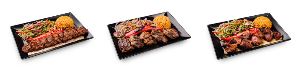 Grilled meats served with rice and salad at a cozy restaurant setting