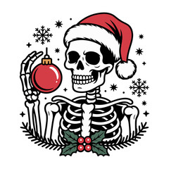 Skeleton with Santa Hat and Ornament Christmas Illustration