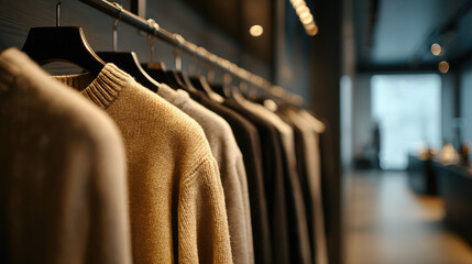 Wool sweaters hanging on hangers in an expensive showroom, clothing boutique, cashmere, textile, fashion, store, knitted jumper
