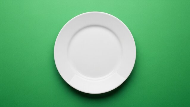 A clean, empty white ceramic dinner plate viewed from above, isolated on a solid green background.