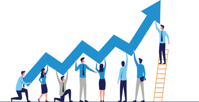 Teamwork Concept Vector Illustration Showing a Diverse Business Group Working Together to Raise a Large Upward Trend Arrow, Symbolizing Joint Success and Growth.