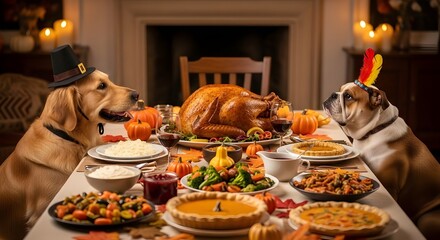 Labrador and Bulldog dogs celebrating Thanksgiving feast with roasted turkey and holiday pies.