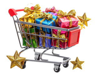  Shopping Cart Filled with Wrapped Gifts and Golden Ribbons, Front View, Transparent PNG