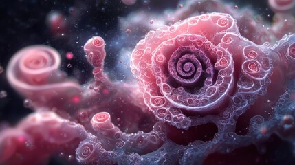 Macro View Of A Pink Rose Like Structure With Swirling Petals And Glittering Particles Against A Dark Blurred Background Capturing Ethereal Beauty In Intricate Detail And Soft Lighting