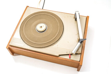 Vintage Turntable on white close up.  