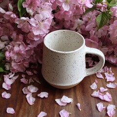 Elegant Speckled Ceramic Mug Surrounded By Pink Flowers