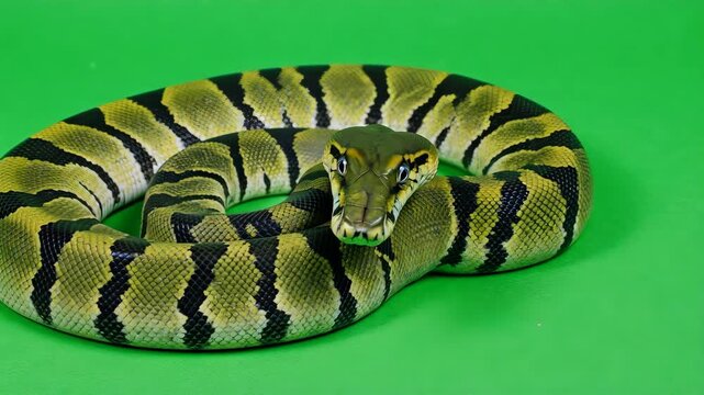 Striking patterned snake, coiled on green, head forward, vibrant yellow and black