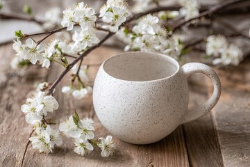 Springtime Scene With White Mug and Blossoms
