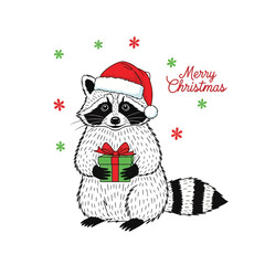 Cute cartoon raccoon in a Santa hat holding a Christmas gift.