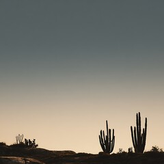 Silhouetted cacti on sand dunes at golden hour light, desert landscape, warm tones, dramatic shadows, minimalist composition, vector illustration