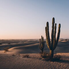 Silhouetted cacti on sand dunes at golden hour light, desert landscape, warm tones, dramatic shadows, minimalist composition, vector illustration