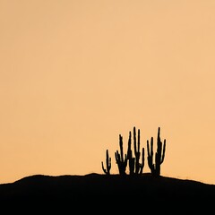 Silhouetted cacti on sand dunes at golden hour light, desert landscape, warm tones, dramatic shadows, minimalist composition, vector illustration