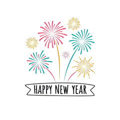Happy New Year celebration with colorful fireworks display.