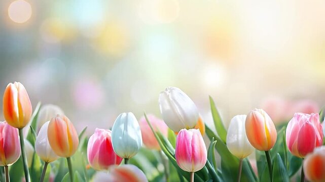 Colorful tulips swaying in a sunny spring garden. Blooming flowers with a beautiful soft focus bokeh background. Copy space for text