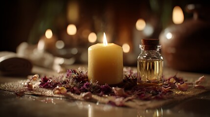 Spa scene with burning candle, massage oil and flowers, relaxing wellness atmosphere