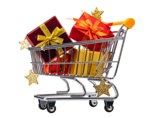 Angled Shopping Cart Overflowing with Holiday Gifts and Sparkling Stars, Side Perspective, PNG