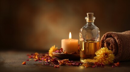 Spa scene with burning candle, massage oil and flowers, relaxing wellness atmosphere