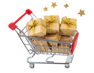 Top-Down Decorative Shopping Cart with Gold-Ribbon Presents and Floating Glitter Stars, PNG