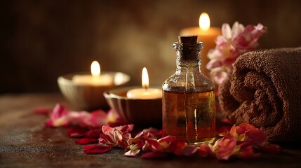 Spa scene with burning candle, massage oil and flowers, relaxing wellness atmosphere