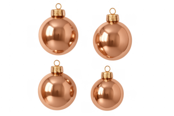 Four rose gold christmas baubles on transparent background