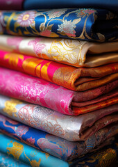 pile of silk fabrics, textile, satin clothing, fabric store, texture, fashion, cloth, cotton, sewing workshop