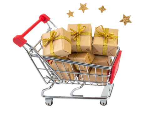 Top-Down Decorative Shopping Cart with Gold-Ribbon Presents and Floating Glitter Stars, PNG