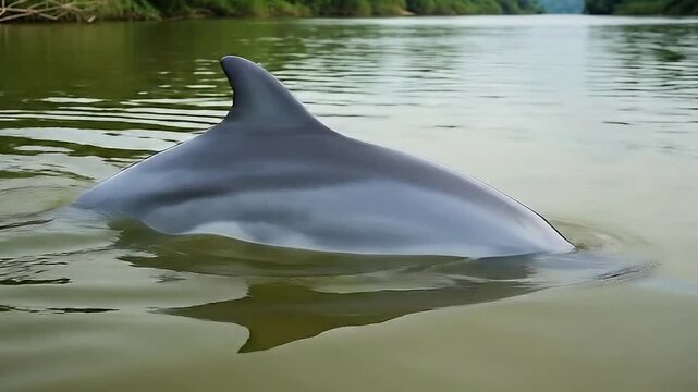 Smooth river dolphin surfaces gracefully in the Amazon, its sleek body gliding through calm waters, showcasing nature's elegant wildlife in a vibrant ecosystem