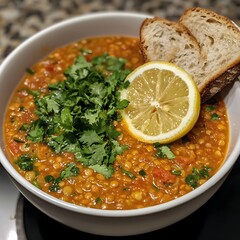 Photo of a warm lentil soup garnished with cilantro, lemon slice, and crusty bread