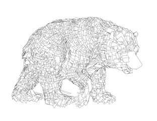 A walking grizzly bear contour constructed from small black squares creates a minimalist geometric animal illustration on a clean white background.