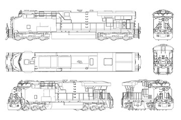 Blueprint of a diesel locomotive in a detailed technical drawing set. The contour illustration shows the engine, transmission, and other mechanical components on a clean white background. © German Ovchinnikov
