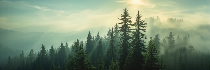 Fototapeta premium Landscape featuring a fir forest in vintage retro style, suitable as a background for editorial layouts
