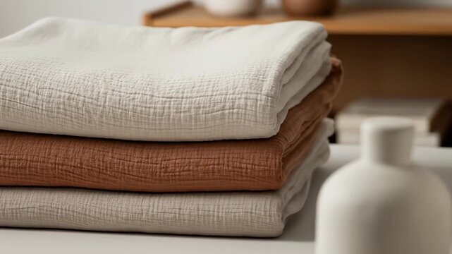 Stack of folded blankets on a table.