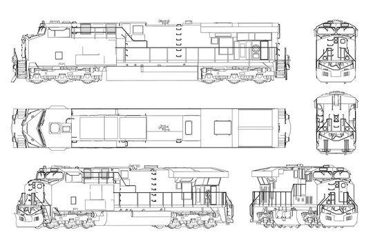 Blueprint of a diesel locomotive in a detailed technical drawing set. The contour illustration shows the engine, transmission, and other mechanical components on a clean white background.