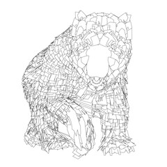 Fototapeta premium A walking grizzly bear depicted in a black and white contour drawing with sketch-like details and visible fur texture on a clean white background.