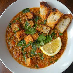 Photo of a warm lentil soup garnished with cilantro, lemon slice, and crusty bread