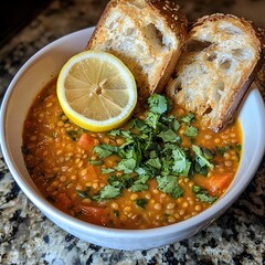 Photo of a warm lentil soup garnished with cilantro, lemon slice, and crusty bread