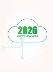 Happy New Year 2026 in a green cloud outline, symbolizing future technology and cloud computing concepts.