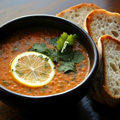 Photo of a warm lentil soup garnished with cilantro, lemon slice, and crusty bread