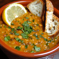 Photo of a warm lentil soup garnished with cilantro, lemon slice, and crusty bread