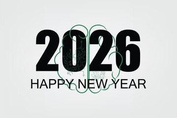 Happy New Year 2026 greeting with a brain and circuit board pattern symbolizing AI and technological innovation.